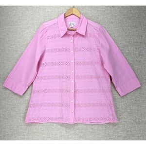 Denim & Co. Blouse Womens Large Pink Eyelet Embroidered Button Front 3/4 Sleeve